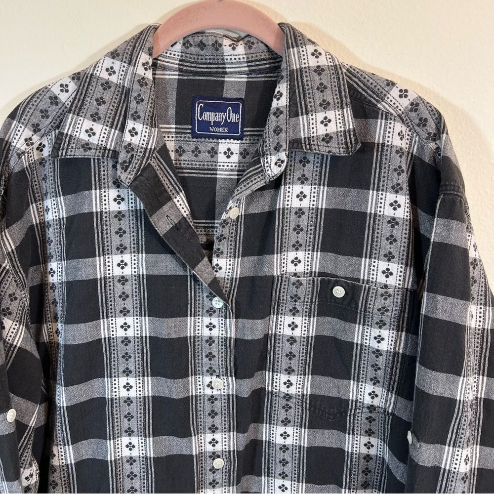 Company One 90's Vintage Gray White Plaid Button Down Shirt XL Cabincore - Picture 2 of 10